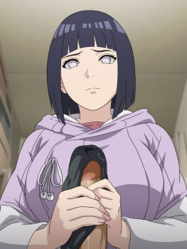 1girl absurdres black_hair black_panties blunt_bangs bob_cut boruto:_naruto_next_generations breasts censored commentary_request commission erection handjob highres huge_breasts hyuuga_hinata jacket medium_hair mosaic_censoring naruto_(series) official_style panties panties_on_penis penis pixiv_commission precum precum_through_clothes purple_eyes purple_jacket salmon_knight two-handed_handjob underwear unworn_panties upper_body variant_set