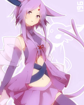 1girl animal_ears bare_shoulders creature_and_personification elbow_gloves espeon facial_mark female_focus fingerless_gloves forehead_mark gen_2_pokemon gloves head_tilt highres looking_at_viewer navel nintendo personification pokedex_number pokemon purple_eyes purple_hair purple_thighhighs sidelocks skirt solo tail takeshima_eku thighhighs