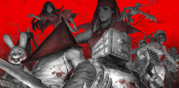 Rule 34 | apron, blade, blood, blood splatter, capcom, character request, corpse party, creepypasta, crossover, dress, formal clothes, greyscale, hat, kajiro miyako, konami, mallet, monochrome, monster, multiple crossover, necktie, nun, pickaxe, pyramid head, red dress, resident evil, robbie the rabbit, rogues' gallery, shinozaki sachiko, silent hill, silent hill (series), siren (series), slender man, spot color, stuffed animal, stuffed rabbit, stuffed toy, suit, the evil within, yufy