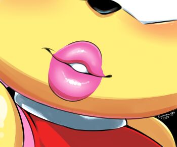 1girl 2025 absurdres amy_rose animal_nose artist_name bare_shoulders black_background blush close-up commentary dated digitaldomain123 dress english_commentary female_focus furry furry_female grin head_out_of_frame hedgehog_girl highres mouth_focus parted_lips pink_lips red_dress sega simple_background smile solo sonic_(series) thick_lips