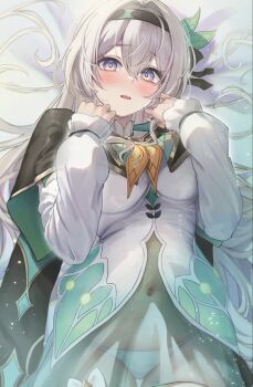 1girl black_hairband black_jacket blue_eyes blush breasts covered_navel firefly_(honkai:_star_rail) grey_hair hairband highres honkai:_star_rail honkai_(series) jacket long_hair long_sleeves looking_at_viewer medium_breasts multicolored_eyes otabaaa panties parted_lips pink_eyes shirt solo underwear white_panties white_shirt