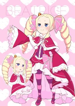 1girl beatrice_(re:zero) blue_eyes bow capelet character_name closed_mouth commentary_request dress drill_hair flower-shaped_pupils hair_bow heart heart_background highres multiple_views outstretched_arm pantyhose pink_background pink_bow pink_pantyhose pink_pupils re:zero_kara_hajimeru_isekai_seikatsu red_capelet red_dress sidelocks skrmy_rs smile standing symbol-shaped_pupils twin_drills twintails