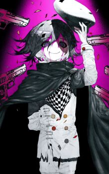 1boy absurdres arm_behind_back arm_up bandana bandana_around_neck black_cloak black_hair black_hat blood blood_from_forehead blood_from_mouth buttons checkered_bandana chromatic_aberration cloak collared_cloak colored_skin commentary confetti cowboy_shot crazy_smile danganronpa_(series) danganronpa_v3:_killing_harmony double-parted_bangs downturned_eyes flipped_hair gun hair_between_eyes handgun hat hat_tip highres holding holding_unworn_clothes holding_unworn_hat jacket long_sleeves looking_at_viewer male_focus no_nose oma_kokichi pants peaked_cap pink_background pink_blood purple_eyes recurring_image short_hair smile solo spotlight standing torn_clothes torn_jacket unworn_hat unworn_headwear weapon white_jacket white_pants white_skin zhamaooooooo