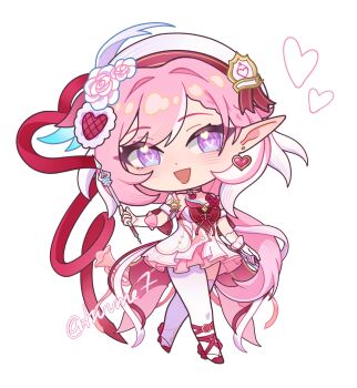 1girl absurdres beret breasts chibi chibi_only commentary diamond-shaped_pupils diamond_(shape) dress earrings elf elysia_(hi_love_elf)_(honkai_impact) elysia_(honkai_impact) hat heart heart_earrings high_heels highres holding_ribbon_baton honkai_(series) honkai_impact_3rd jewelry long_hair multicolored_dress multicolored_hair pink_dress pink_hair pointy_ears purple_eyes red_dress simple_background smile solo symbol-shaped_pupils thighhighs tsuume two-tone_hair very_long_hair white_background white_dress white_hair white_thighhighs