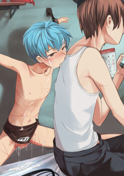 143_(hakuyagen) 2boys aftersex age_difference arms_up bare_arms bare_shoulders bdsm black_hat black_pants blue_hair blush bondage bound bound_wrists brown_eyes brown_hair calendar_(object) candle cellphone chain chained character_name clothes_grab collarbone commentary_request cowboy_shot cum cum_on_body cum_on_chest cum_on_clothes cum_on_hair cum_on_legs cum_on_stomach cum_pool cumdrip faceless faceless_male facial grabbing_another's_shirt hakuyagen_(yoronbi) harmful_spikes hat holding holding_phone male_focus mouth_hold multiple_boys name_tag navel nipples on_bed original pants phone restrained revealing_clothes shirt short_hair shota sitting slave sleeveless sleeveless_shirt smartphone spikes testicles topless_male torture towel towel_around_waist whip whip_marks white_shirt yaoi