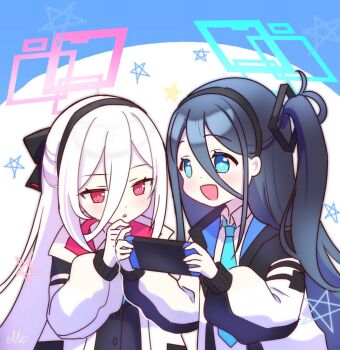 2girls :d aqua_halo aris_(blue_archive) artist_name black_bow black_hairband black_jacket black_vest blue_archive blue_background blue_eyes blue_hair blue_jacket blue_necktie blush bow bright_pupils buttons collared_shirt commentary_request dot_nose double-parted_bangs hair_between_eyes hair_bow hairband halo hand_on_own_chin handheld_game_console holding holding_handheld_game_console jacket kei_(blue_archive) long_bangs long_hair long_hair_between_eyes long_sleeves miomio1568315 multicolored_jacket multiple_girls necktie one_side_up open_clothes open_jacket open_mouth parted_lips pink_halo pink_jacket puffy_long_sleeves puffy_sleeves rectangular_halo red_eyes ringed_eyes school_uniform shirt sidelocks signature smile star_(symbol) two-sided_fabric two-sided_jacket two-tone_background upper_body vest white_background white_hair white_jacket white_pupils white_shirt