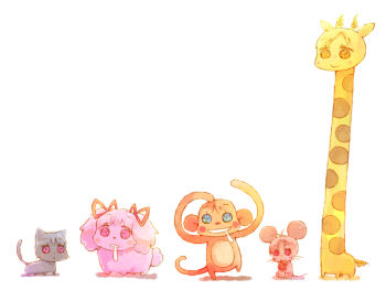 10s :< akemi_homura animalization blue_eyes blush_stickers cat dog drooling eating food giraffe hair_ribbon kaname_madoka mahou_shoujo_madoka_magica mahou_shoujo_madoka_magica_(anime) miki_sayaka monkey mouse_(animal) nekokun pink_eyes poodle purple_eyes red_eyes ribbon sakura_kyoko taiyaki tomoe_mami wagashi yellow_eyes