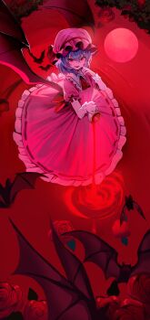 1girl absurdres ascot bat_(animal) bat_wings blood collared_shirt cup fangs frilled_hat frilled_skirt frilled_sleeves frills full_moon hands_up hat hat_ribbon highres holding holding_cup karas_(10_9) looking_at_viewer mob_cap moon open_mouth pink_hat pink_skirt pool_of_blood puffy_short_sleeves puffy_sleeves purple_hair red_ascot red_eyes red_moon red_ribbon remilia_scarlet ribbon shirt short_hair short_sleeves skirt solo spilling touhou waist_ribbon wings