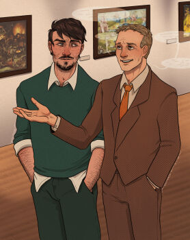 Rule 34 | 2boys, arm hair, beard, black hair, blonde hair, brown jacket, collared shirt, cowboy shot, disco elysium, facial hair, green vest, hand in pocket, hand up, highres, jacket, jean vicquemare, male focus, multiple boys, mustache, necktie, orange necktie, shirt, short hair, ssshiversss, standing, suit jacket, trant heidelstam, vest, white shirt