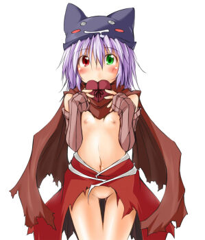 1girl assassin_cross_(ragnarok_online) black_hat blush box breasts brown_scarf brown_sleeves cape commentary_request cowboy_shot detached_sleeves deviruchi_hat gluteal_fold green_eyes hat heart-shaped_box heterochromia kaminagi_(kaminagi-tei) looking_at_viewer medium_hair navel nipples pussy ragnarok_online red_cape red_eyes revealing_clothes scarf simple_background small_breasts solo torn_cape torn_clothes torn_scarf waist_cape white_background