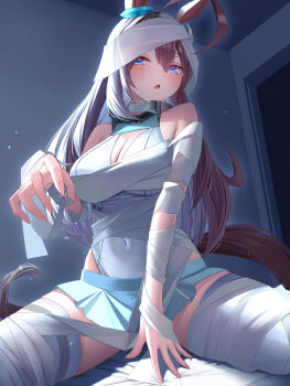 1girl absurdres ahoge animal_ears bandaged_arm bandaged_leg bandages bare_shoulders bed_sheet blue_eyes blush breasts brown_hair brown_tail cleavage commentary_request covered_navel girl_on_top highleg highleg_leotard highres horse_ears horse_girl horse_tail huge_ahoge indoors large_breasts leotard long_hair looking_at_viewer menchi_rishio mihono_bourbon_(umamusume) on_bed open_mouth solo tail textless_version thighs umamusume variant_set white_leotard