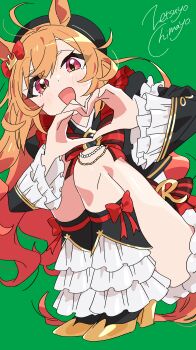 Rule 34 | 1girl, :d, absurdres, ahoge, animal ears, artist name, beret, black hat, blush, commentary request, green background, green hair, hat, heart, heart hands, highres, horse ears, horse girl, long hair, long sleeves, looking at viewer, open mouth, orange hair, royal family (the royal family), signature, simple background, smile, solo, squatting, the royal family (tv series), thighs, zetsuyo chimayo