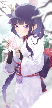 1girl absurdres alternate_costume back_bow blunt_bangs blurry blurry_background blush bow braid branch bridal_gauntlets closed_mouth commentary_request depth_of_field earrings electro_symbol_(genshin_impact) fan_hair_ornament flower flower_ornament from_behind genshin_impact glowing gradient_hair highres holding japanese_clothes jewelry kimono light_smile long_braid long_sleeves looking_to_the_side mitsudomoe_(shape) mole mole_under_eye multicolored_hair new_year outdoors paper pink_lips purple_eyes purple_flower purple_hair purple_sash raiden_shogun sash shi4_shi shy single_braid snow snowing standing tomoe_(symbol) upper_body white_kimono wide_sleeves