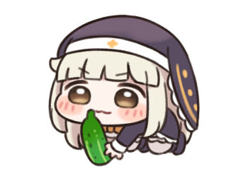 1girl :3 blush_stickers brown_eyes chibi commentary_request cucumber holding meme nipruku solo speaki_(trickcal) speakiposting_(meme) trickcal white_background