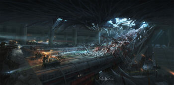 6+boys absurdres alien battle chinese_text collapsed crawling firing flashlight gun heavy_machine_gun helmet highres laser_pointer load_bearing_vest machine_gun military monster multiple_boys muzzle_flash original people&#039;s_liberation_army qbz-191 shenzhen shouhui_lang_qun signature stairs subway_station traditional_media type_80_machine_gun weapon