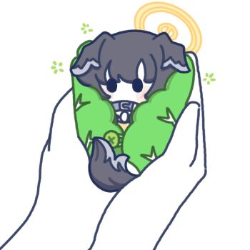 Rule 34 | . ., 1girl, 1other, animal ears, black hair, blue archive, cabbage, commentary request, dog ears, dog girl, dog tail, halo, hibiki (blue archive), highres, holding, korean commentary, milky cat0618, mini person, minigirl, tail, yellow halo