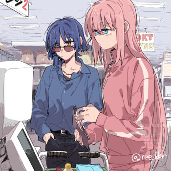 2girls bags_under_eyes belt black_belt black_nails black_pants blue_eyes blue_hair blue_shirt bocchi_the_rock! buttons checkout_(shopping) closed_mouth collarbone commentary_request doritos from_side gotoh_hitori hand_in_pocket holding holding_wallet indoors jewelry long_hair long_sleeves looking_to_the_side multiple_girls necklace overhead_lights pants pink_hair pink_track_suit profile purple-tinted_eyewear ree_(re-19) shelf shirt short_hair standing sunglasses supermarket tinted_eyewear track_suit upper_body wallet watermark yamada_ryo yellow_eyes