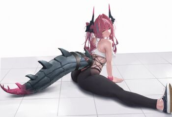 1girl absurdres arknights arknights:_endfield ass black_horns black_shoes breasts commentary converse dragon_girl dragon_horns english_commentary hair_intakes hair_on_horn highres horns large_breasts long_hair looking_at_viewer multicolored_horns pants pink_horns pointy_ears shoes side_sitting_split sitting_split solo split sports_bra tail two-tone_horns very_long_hair white_sports_bra yoga yoga_pants yu_pian yvonne_(arknights)