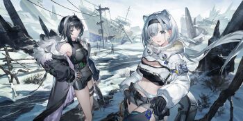 Rule 34 | 2girls, absurdres, animal ear fluff, animal ears, arknights, aurora (arknights), ballistic shield, bare shoulders, bikini, bikini top only, black bikini, black coat, black dress, black gloves, black hair, black thighhighs, blue eyes, breasts, cleavage, cleavage cutout, closed mouth, clothing cutout, coat, commentary, cropped jacket, dress, extra ears, eyes visible through hair, gloves, grey eyes, grey shorts, hair over one eye, hairband, highres, hokago-tt, incredibly absurdres, jacket, la pluma (arknights), large breasts, looking at viewer, making-of available, multiple girls, open clothes, open coat, shield, ship, short dress, short hair, short shorts, shorts, sleeveless, sleeveless dress, sleeves past wrists, snow, swimsuit, thigh strap, thighhighs, untranslatable commentary, watercraft, white hair, white hairband, white jacket