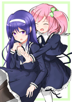 2girls :d ^_^ absurdres assault_lily black_ribbon black_skirt border brown_pantyhose buttons closed_eyes clover_hair_ornament commentary cowboy_shot cropped_jacket four-leaf_clover_hair_ornament frilled_skirt frills green_border hair_ornament hairband hand_up hands_up high-waist_skirt highres hitotsuyanagi_riri hug hug_from_behind inset_border invisible_chair itou_shizu_(assault_lily) juliet_sleeves kirikabu_(user_egjh7848) leg_ribbon long_hair long_sleeves looking_at_another looking_to_the_side multiple_girls neck_ribbon one_side_up open_mouth outside_border outstretched_arm pantyhose parted_lips pink_hair puffy_sleeves purple_eyes purple_hair ribbon school_uniform short_hair sideways_glance simple_background sitting skirt smile standing thigh_ribbon very_long_hair white_background white_hairband white_pantyhose yuri yurigaoka_girls_academy_school_uniform
