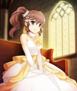 1girl bare_shoulders between_legs breasts brick_wall brown_hair church closed_mouth corsage dot_nose dress flower fur_collar game_cg grey_eyes hand_between_legs high_side_ponytail indoors looking_at_viewer medium_breasts medium_hair nishi_kozue official_art pew pillar rose sidelocks sitting smile solo strapless strapless_dress third-party_source toji_no_miko toji_no_miko:_kizamishi_issen_no_tomoshibi wedding_dress white_dress window yellow_flower yellow_rose