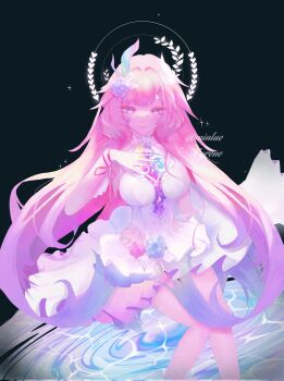 Rule 34 | 1girl, bare shoulders, black background, character name, commentary, corrupted twitter file, cyrene (demiurge) (honkai: star rail), cyrene (honkai: star rail), diamond-shaped pupils, diamond (shape), dress, flower, hair flower, hair ornament, halo, hand on own chest, highres, honkai: star rail, honkai (series), long hair, mintie (caramellti), pink hair, purple eyes, smile, solo, symbol-shaped pupils, twitter username, very long hair, white dress