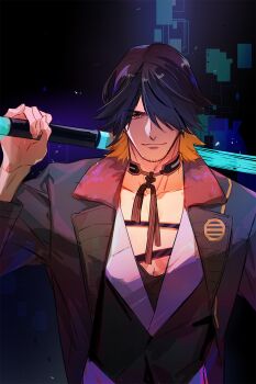 1boy black_hair black_jacket closed_mouth collarbone commentary_request hair_over_one_eye highres holding holding_sword holding_weapon jacket looking_at_viewer male_focus mature_male nagasone_kotetsu ncww_rinichi orange_eyes short_hair solo sword touken_ranbu upper_body weapon