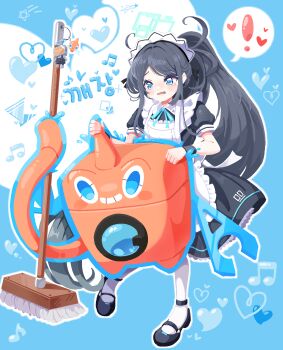 ! 1girl apron aris_(blue_archive) aris_(maid)_(blue_archive) black_dress black_hair blue_archive blue_background blue_eyes blue_ribbon blush commentary_request commission crossover dress full_body gen_4_pokemon grin highres kei_(robot)_(blue_archive) long_hair maid_headdress mary_janes mop musical_note nintendo outline pantyhose pokemon pokemon_(creature) ponytail ribbon rotom rotom_(normal) rotom_(wash) shoes short_sleeves smile speech_bubble spoken_exclamation_mark tears translation_request ttrtag white_apron white_outline white_pantyhose