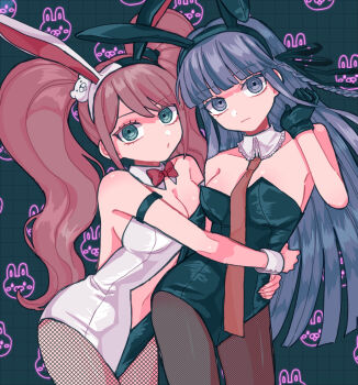 2girls animal_ear_hairband animal_ears bare_shoulders black_leotard blue_eyes blunt_bangs bow bowtie braid breasts cleavage clothing_cutout commentary_request covered_navel cowboy_shot danganronpa:_trigger_happy_havoc danganronpa_(series) detached_collar enoshima_junko eyelashes fake_animal_ears fishnets gloves grid_background hair_ornament hairband hand_in_own_hair highleg highleg_leotard highres hug kirigiri_kyoko large_breasts leotard long_hair looking_at_viewer medium_breasts milk_o monokuma multiple_girls navel_cutout necktie pantyhose playboy_bunny pout purple_eyes purple_hair rabbit_ear_hairband rabbit_ears ringed_eyes side_braid strapless strapless_leotard twintails waist_hug white_leotard white_wrist_cuffs wrist_cuffs