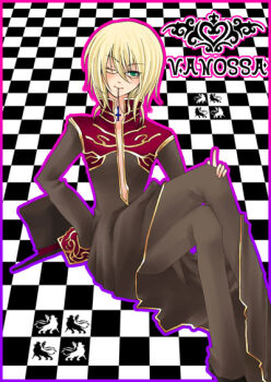 Rule 34 | 1boy, blonde hair, border, brown coat, brown pants, checkered background, closed mouth, coat, commentary request, cross, cross necklace, full body, gold trim, green eyes, hair between eyes, hat, holding, holding staff, holding unworn clothes, holding unworn hat, jewelry, long sleeves, looking at viewer, male focus, multicolored coat, necklace, necklace in mouth, one eye closed, pants, priest (ragnarok online), purple border, ragnarok online, red coat, short hair, sitting, smile, solo, staff, tokikane mikan, top hat, two-tone coat, unworn hat, unworn headwear