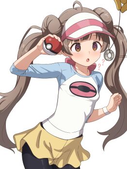 1girl :o ? @_@ absurdres ahoge black_pantyhose blue_sleeves blush breasts brown_eyes brown_hair coin coin_on_string commentary_request cosplay cowboy_shot donut_hair_bun double_bun drop_shadow gen_1_pokemon hair_bun hakozaki_serika hand_up highres holding holding_poke_ball hypno hypnosis idolmaster idolmaster_million_live! large_variant_set long_hair milliani mind_control nintendo open_mouth out_of_frame pantyhose poke_ball poke_ball_(basic) pokemon pokemon_black_2_and_white_2 raglan_sleeves rosa_(pokemon) rosa_(pokemon)_(cosplay) shirt short_shorts shorts simple_background small_breasts smile solo_focus standing transparent_background twintails variant_set visor_cap white_shirt wristband yellow_shorts
