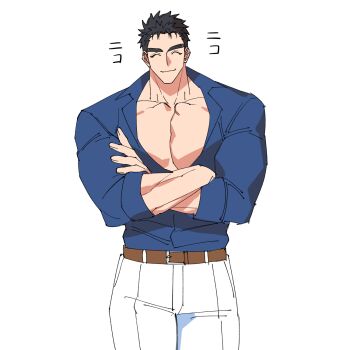 Rule 34 | 1boy, bara, belt, black hair, blue shirt, bodybuilder, broad shoulders, brown belt, closed eyes, collarbone, cowboy shot, domo (domo kizusuki), highres, kokado shido (domo), large pectorals, male focus, manly, muscular, muscular arms, muscular male, original, pants, partially open shirt, pectoral cleavage, pectorals, shirt, short hair, shredded muscles, sideburns, simple background, sketch, smile, tareme, thick eyebrows, v-taper, white background, white pants