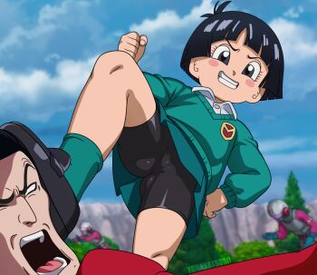 1boy 1girl ass ass_focus bike_shorts black_eyes black_hair breasts dragon_ball dragon_ball_super dragon_ball_super_super_hero dutch_angle dynamic_pose female_focus from_below highres legs loli looking_down medium_hair pan_(dragon_ball) perspective school_uniform shoes sketch skirt small_breasts smile socks solo spread_legs standing thighs toei_company yamakatsuro