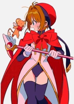 1girl blush brown_hair cape cardcaptor_sakura coat commentary_request feet_out_of_frame gloves green_eyes hat kero_(cardcaptor_sakura) kinomoto_sakura leotard long_sleeves looking_at_another open_mouth purple_leotard purple_thighhighs red_cape red_hat sanamaru_(sana79261827) short_hair simple_background standing teardrop thighhighs white_background white_coat white_gloves