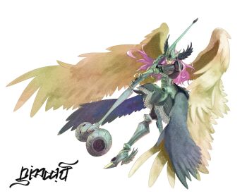 Rule 34 | 1girl, appmon, armor, beautymon, digimon, feathered wings, highres, long hair, nimadj, pink hair, wings