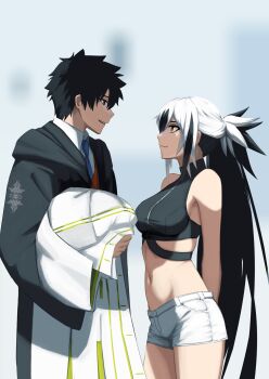 1boy 1girl bare_shoulders black_hair black_robe black_shirt blue_eyes breasts cropped_shirt fate/grand_order fate_(series) fujimaru_ritsuka_(male) fujimaru_ritsuka_(male)_(mage&#039;s_association_uniform) green_eyes hair_between_eyes highres hooded_robe jacket large_breasts long_hair midriff multicolored_hair nagao_kagetora_(fate) navel paperpillar robe shirt short_hair short_shorts shorts sidelocks sleeveless sleeveless_shirt smile thighs two-tone_hair uesugi_kenshin_(second_ascension)_(fate) unworn_jacket very_long_hair white_hair white_jacket white_shorts