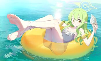 1girl absurdres alternate_costume ass bare_arms bare_legs bare_shoulders barefoot bilingual_commentary blue_archive breasts brown_pupils cleavage collarbone commentary commentary_request creammilk_tea day double-parted_bangs english_commentary feet feet_up fingernails food foot_focus foreshortening frilled_one-piece_swimsuit frills full_body green_hair green_halo hair_between_eyes halo highres hikari_(blue_archive) holding holding_food holding_ice_cream holding_ice_cream_cone horizon ice_cream ice_cream_cone inflatable_armbands innertube knees_up korean_commentary legs legs_up light_blush long_hair long_sidelocks looking_to_the_side lying mixed-language_commentary ocean on_back one-piece_swimsuit outdoors parody parted_lips pointy_ears presenting_own_foot purple_one-piece_swimsuit sidelocks sideways_glance small_breasts soles solo style_parody swim_ring swimsuit teeth toenails toes transparent_innertube wavy_hair wet yellow_eyes