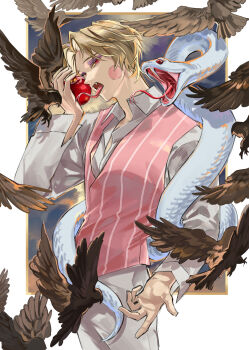 1boy absurdres apple applegel blonde_hair blush_stickers colored_skin demon_boy food formal_clothes fruit hair_slicked_back hazbin_hotel hellaverse highres looking_at_viewer lucifer_morningstar_(hazbin_hotel) male_focus solo suit tongue tongue_out white_skin white_suit