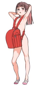 1girl arms_up backpack bag blush brown_eyes brown_hair flat_chest full_body haimura_kiyotaka highres loli looking_at_viewer navel nude open_mouth original randoseru shoes simple_background sketch solo standing webp-to-png_conversion white_background
