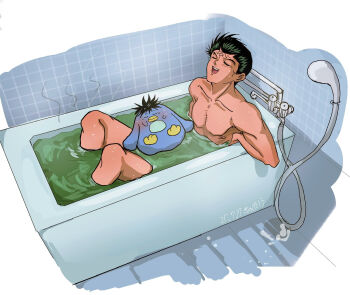 1boy bathing bathroom bathtub blush closed_eyes creature green_water hiei4455 male_focus nude puu_(yu_yu_hakusho) solo steam sweat urameshi_yuusuke yuu_yuu_hakusho
