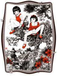 10s 2015 2girls animal bird black_eyes black_hair blush bonsai bow bug butterfly crotch_seam dress flat_chest flower fractal_underground_studio grass hair_ribbon hand_on_own_knee in_tree insect key kneehighs loli long_sleeves looking_down looking_to_the_side mary_janes multiple_girls original panties red_bow red_dress red_ribbon red_shoes ribbon rose shirt shoes short_hair sitting sleeveless sleeveless_dress socks spread_legs topknot tree underwear white_panties white_shirt white_socks