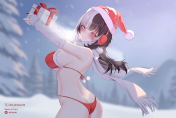 1girl artist_name ass back bikini black_hair black_nails blurry blurry_background blush box breasts breath butt_crack closed_mouth commentary detached_sleeves english_commentary eyeshadow fingernails fur-trimmed_bikini fur-trimmed_headwear fur_trim gift gift_box hat holding holding_gift hololive hololive_english large_breasts long_hair looking_at_viewer makeup median_furrow multicolored_hair nail_polish oioi_ainomo one_eye_closed outdoors patreon_username pom_pom_(clothes) pom_pom_bikini red_bikini red_eyeshadow red_hat ribbed_sleeves santa_bikini santa_costume scarf shiny_skin shiori_novella smile snow_on_tree solo split-color_hair swimsuit thighs twitter_username two-tone_hair virtual_youtuber white_hair white_scarf white_sleeves yellow_eyes