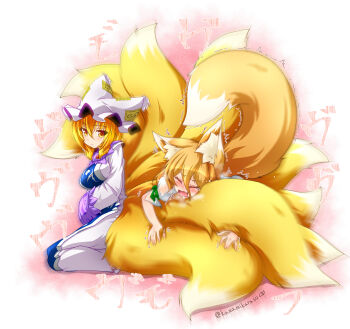 2girls animal_ear_fluff animal_ears blonde_hair blue_tabard blush breasts closed_eyes commentary_request dress fox_ears fox_girl fox_tail full-face_blush green_ribbon hat heart highres hugging_another's_tail hugging_tail kazami_karasu kudamaki_tsukasa large_tail long_sleeves looking_at_another medium_breasts mob_cap multiple_girls multiple_tails open_mouth puffy_short_sleeves puffy_sleeves ribbon sexually_suggestive short_sleeves sitting sleeve_ribbon tabard tail tail_grab textless_version touhou translation_request trembling white_hat yakumo_ran yellow_eyes