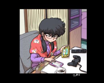 black_hair coffee glasses kunou_kodachi nintendo_switch phone ps4_controller ranma_1/2 sitting twintails wanta_(futoshi)