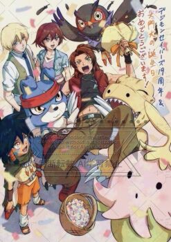 Rule 34 | 1girl, agumon (digimon savers), anniversary, bare shoulders, beak, bird, black feathers, black hair, black shirt, blonde hair, blue eyes, blue fur, body fur, brown eyes, brown hair, commentary request, daimon masaru (digimon savers), digimon, digimon (creature), digimon savers, dinosaur, dog, falcomon (digimon savers), feathers, fujieda yoshino, gaomon, group picture, koujidf, lalamon, multiple boys, noguchi ikuto, owl, red vest, shirt, short hair, standing, talons, touma h. norstein, translation request, vest