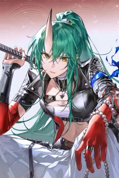 1girl absurdres arknights beads black_jacket breasts chest_sarashi commentary crop_top cropped_jacket facial_scar fingernails green_hair hair_between_eyes highres holding horns hoshiguma_(arknights) hoshiguma_the_breacher_(arknights) jacket jewelry long_hair looking_at_viewer midriff multiple_rings navel parted_lips ring ryat sarashi scar scar_on_cheek scar_on_face single_horn skin-covered_horns small_breasts solo symbol-only_commentary yellow_eyes