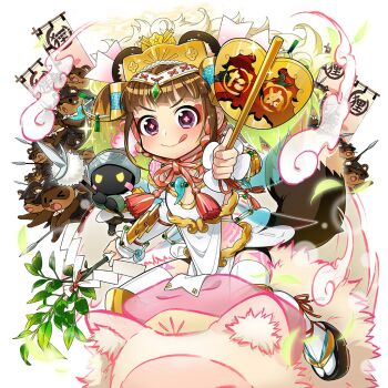 1girl animal_ears black_eyes brown_hair commentary_request fake_animal_ears flag holding japanese_clothes jewelry magatama magatama_necklace necklace raccoon_ears raccoon_girl raccoon_tail riding sandals short_hair tail tanuki tanuko thighhighs twintails uchako uchi_hime uchi_no_hime-sama_ga_ichiban_kawaii white_thighhighs zouri