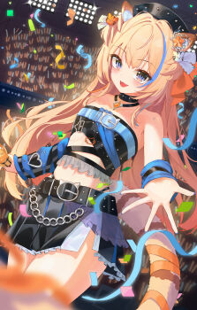 1girl :3 absurdres animal_ear_fluff animal_ears armpits asymmetrical_sleeves bare_shoulders black_choker black_shirt black_skirt blonde_hair blue_eyes blue_hair blue_nails blush bow breasts cat_ears cat_hair_ornament cat_tail chain chest_belt choker chromashift cowboy_shot crop_top detached_sleeves fangs gem hair_bow hair_intakes hair_ornament haires hat highres holding holding_microphone idol jewelry long_hair looking_at_viewer microphone midriff miniskirt multicolored_hair navel necklace open_mouth orange_gemstone outstretched_arm ribbon shabel_tonya shirt skirt small_breasts smile stage stage_lights star_(symbol) star_hair_ornament strapless strapless_shirt tail tail_ornament tail_ribbon thighs tiger_hair_ornament tube_top two-tone_hair two_side_up virtual_youtuber wrist_cuffs