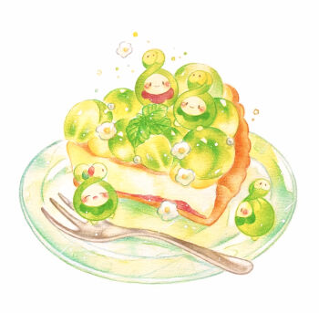 Rule 34 | budew, colored pencil (medium), commentary request, flower, food, food focus, fork, gen 4 pokemon, highres, nintendo, no humans, painting (medium), plate, pokemon, pokemon (creature), simple background, tart (food), traditional media, watercolor (medium), white background, white flower, yukichi 0611