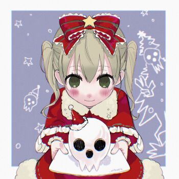 1girl blonde_hair blush border bow capelet child christmas chromatic_aberration film_grain gift green_eyes hair_bow hashtag-only_commentary highres holding holding_gift looking_at_viewer maka_albarn mask myoart red_capelet smile soul_eater twintails